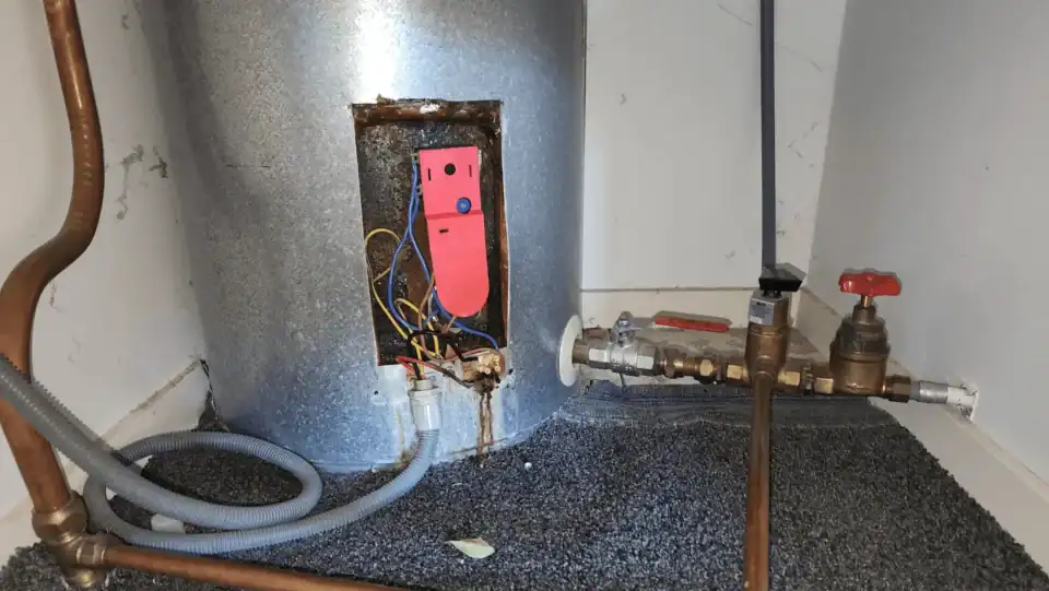 Water heater with exposed wiring and plumbing valves